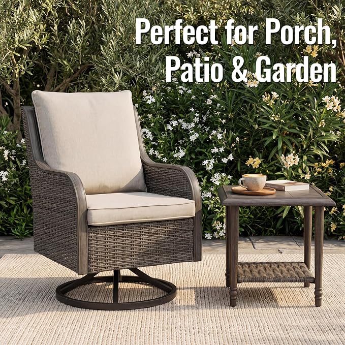 Swivel Patio Chair, High Back Outdoor Rattan Chair with Thick Cushions, Hand-Woven Wicker Furniture for Balcony Garden Deck