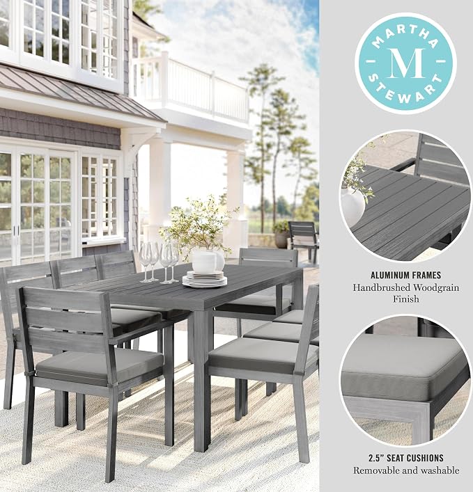 Martha Stewart Bedford 71" Indoor-Outdoor Aluminum Patio Table with Umbrella Hole and Brushed Woodgrain Finish in Gray