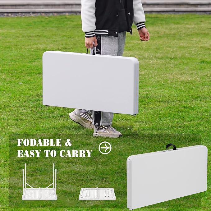 Allpop 34'' Square Folding Card Table, Fold-in-Half Portable Plastic Dining Table with Carry Handle & 2 Heights for Picnic Party Commercial Events, White
