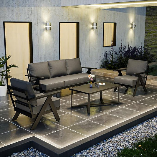COOS BAY Iron Luxe 4 Piece Outdoor Patio Furniture Set, Modern Patio Conversation Set with 2 Patio Chairs, a 3 Seat Couch & Coffee Table for Deck, Garden, Porch, Black/Gray