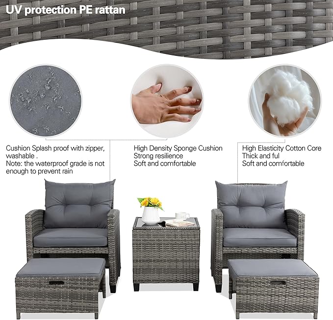 Vongrasig 5 Piece Patio Furniture Set, Small Balcony Furniture, PE Wicker Rattan Patio Chairs Set of 2, Outdoor Lounge Chairs with Cushions Ottomans &Glass Table for Porch Garden(Light Grey)