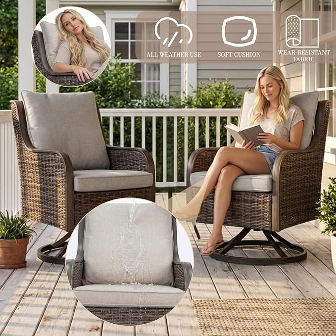 Loungewave Swivel PE Wicker Chair Set of 2, Outdoor High Back Swivel Patio Chairs, 360 Degree Outdoor Swivel Chair with Cushion, Patio Furniture for Porch Balcony Garden Poolside (Brown/Beige)