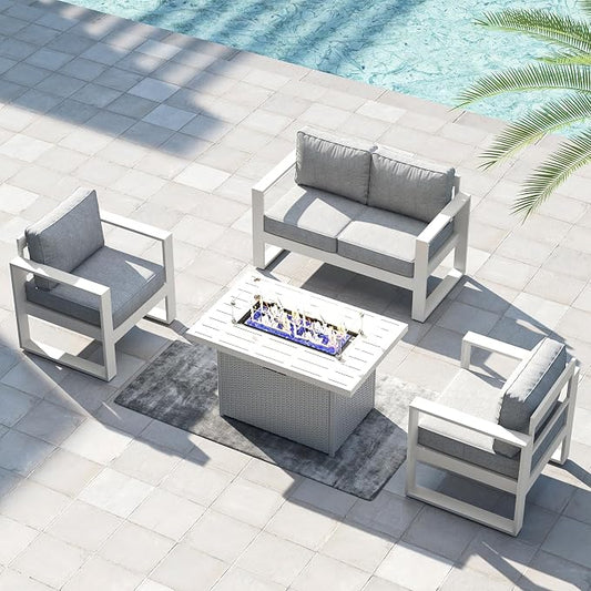 LayinSun 4 Pieces Aluminum Outdoor Patio Furniture Set, Metal Modern Conversation Sofa Set with Fire Pit Table and Washable Thick Cushions for Porch, Backyard, Deck