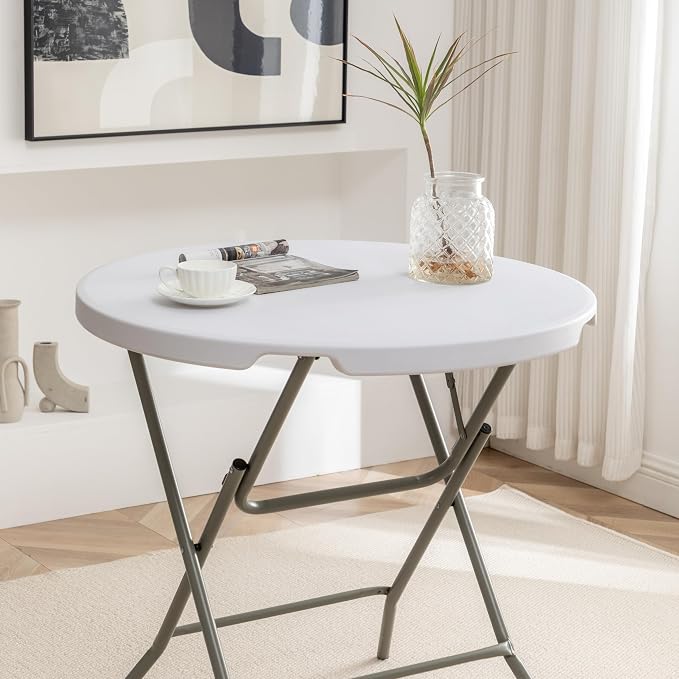 BTEXPERT White 2.63 Foot Round Plastic Folding Table 30" Height Commercial Portable Indoor Outdoor Accessory for Patio Backyard Banquet Card Dining Wedding Party Event Home Kitchen Metal Frame