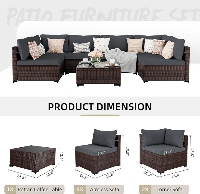 UPHA 7 Pieces Patio Furniture Sets, Wicker Outdoor Sectional Sofa Couch with Coffee Table, Patio Conversation Set for Deck Backyard Garden, Brown Rattan, Dark Gray Cushion