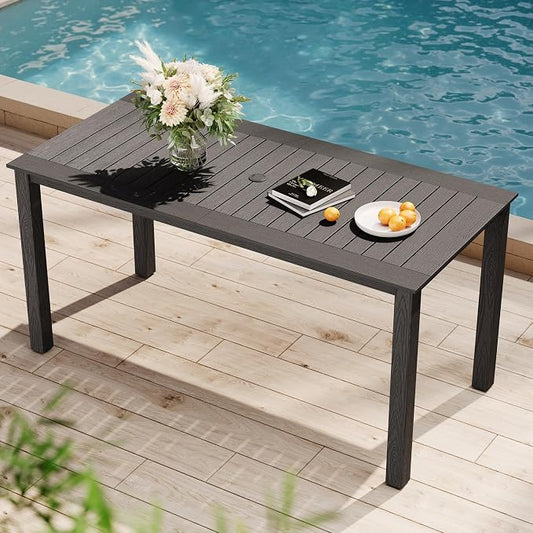 YEFU Outdoor Dining Table for 6: All Weather Rectangular Patio Table with Umbrella Hole and Aluminum Frame - Outdoor Furniture for Outside Backyard/Garden/Pool/Porch/Deck, 300lbs Capacity, Grey