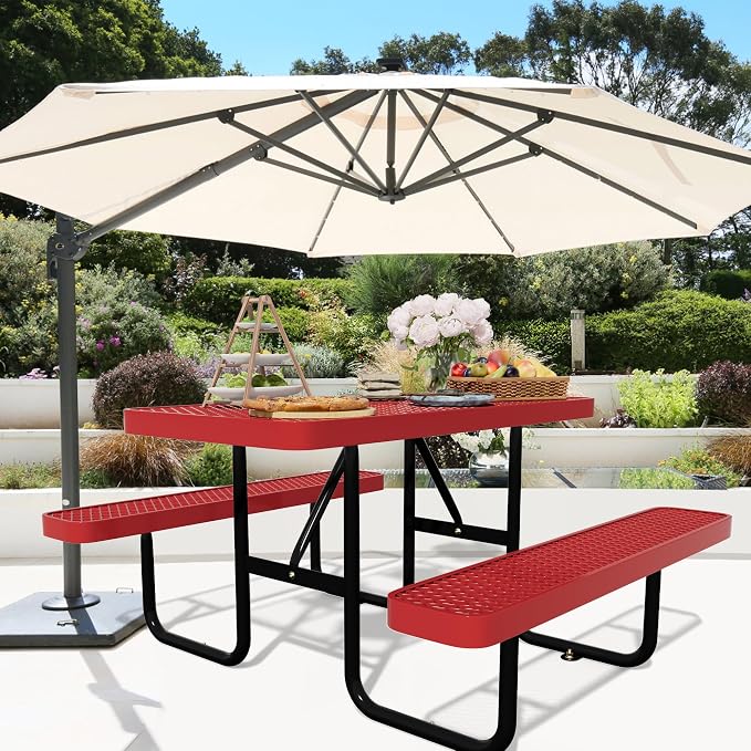 4FT Picnic Tables for Outdoors, Rectangular Commercial Metal Picnic Table Bench Set with Umbrella Hole,Heavy Duty Steel Weather-Resistant Dining Table for Patio Dining Garden Backyard BBQ School