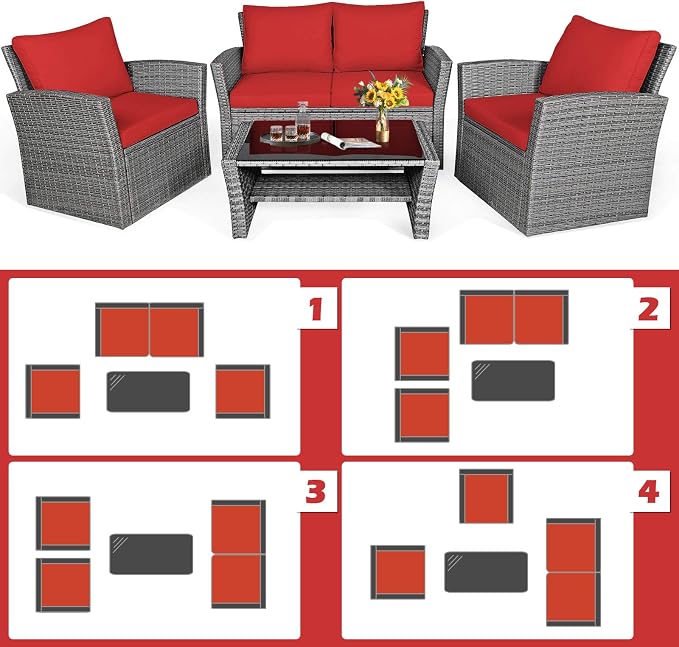 HAPPYGRILL 4 Piece Patio Rattan Furniture Set Outdoor Conversation Set with Cushions and Coffee Table, Sectional Wicker Sofa Set for Garden Porch Balcony Poolside