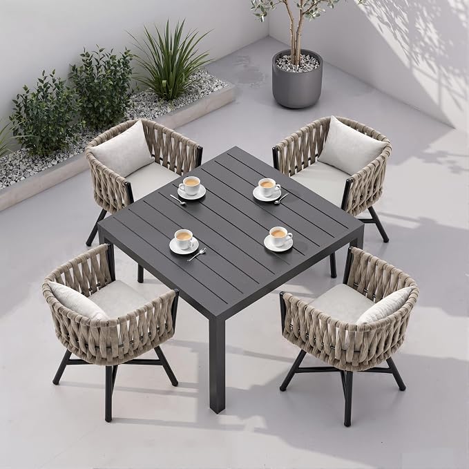Grand patio 5-Piece Outdoor Dining Set for 4, Patio Dining Furniture Set for 4 Swivel Rope Wicker Chairs & 1 Expandable Rectangular Dining Table, Light Gray Brown