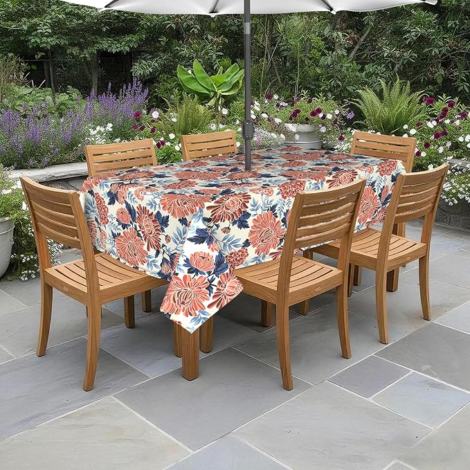 DYTXIII Outdoor Rectangle Tablecloth with Umbrella Hole and Zipper 84" x 60", Water Repellent Floral Picnic Cover, Fade & Wrinkle Resistant Tablecloth for Patio/Garden/Party Table, Red Chrysanthemum