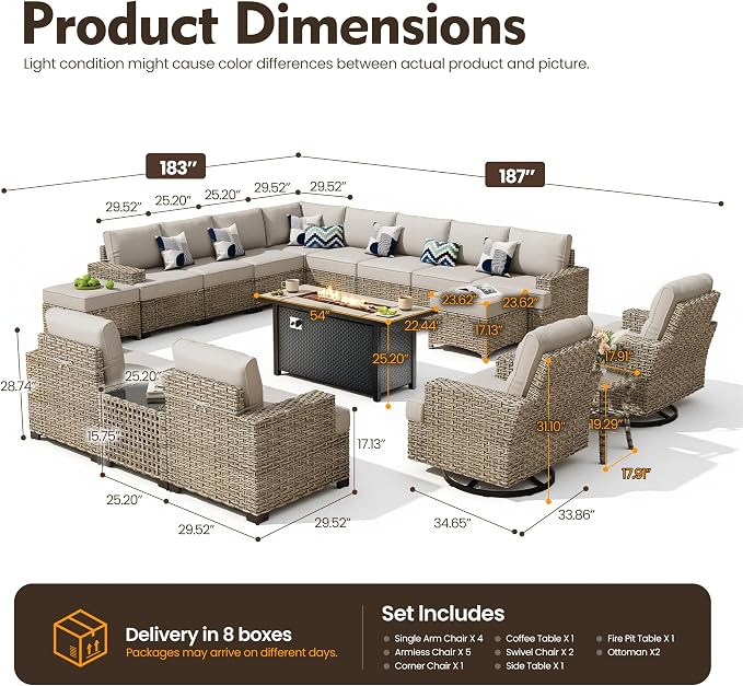 HOOOWOOO Sectional Patio Furniture Set with Fire Pit Table,17 Pieces Wicker Outdoor Furniture L Shaped Couch,Outside Conversation Set Extra Deep Sofa Wide Arm Swivel Chairs Ottoman Solar Light,Gray