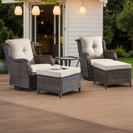 HUMMUH 5 Piece Outdoor Patio Furniture Set Wicker Conversation Bistro Set Swivel Rocking Chairs with Side Table and Ottomans for Backyard, Porch, Balcony