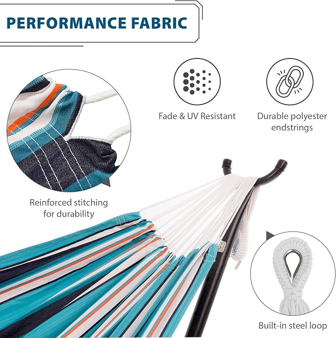 Vivere Double Hammock and Stand Combo – Durable, Comfortable, 450 lb Capacity, Heavy Duty Steel Stand, Tool-Free Assembly, Includes Carry Bag (Token Surfside)