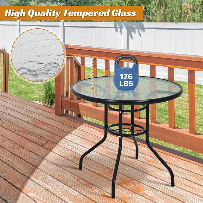 Dkeli Outdoor Table 31.9 Round Bistro Table with Umbrella Hole Tempered Glass Metal Patio Table for Outside,Indoor,Poach, Black