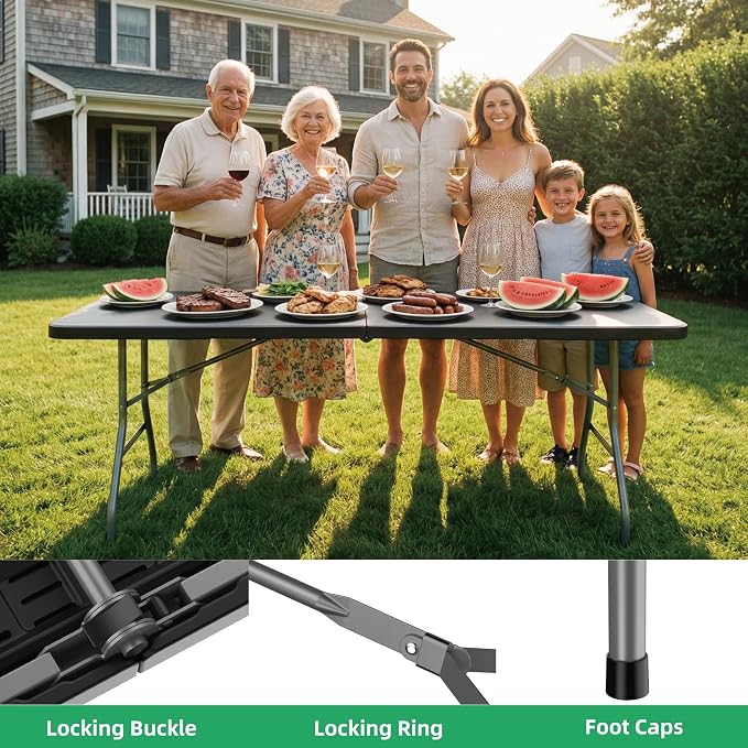 Allpop 6Ft Folding Table for Indoor Outdoor, Fold-in-Half Portable Plastic Dining Table with Carrying Handle for Picnic Party Camping, Black