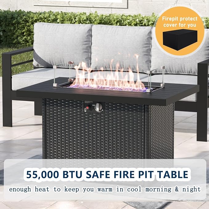 7 Pieces Aluminum Outdoor Patio Furniture Set with Fire Pit Table, Modern Metal Conversation Sofa Set with Deep Seating