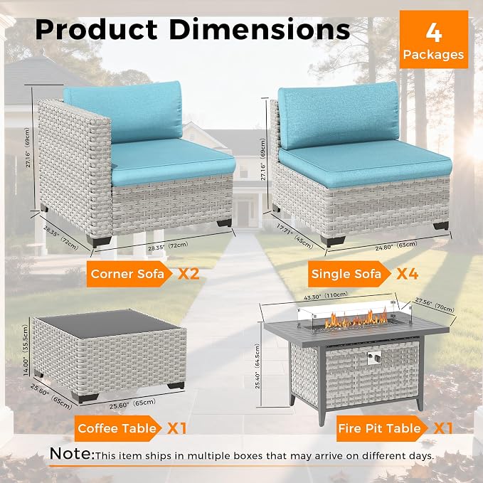 6-Seat Modern Outdoor Wicker Rattan Patio Furniture Set with 55,000 BTU Fire Pit Table, Thick 4″ Cushions, All-Weather Dual-Strand Rattan, Rust-Resistant Steel Frame,Blue