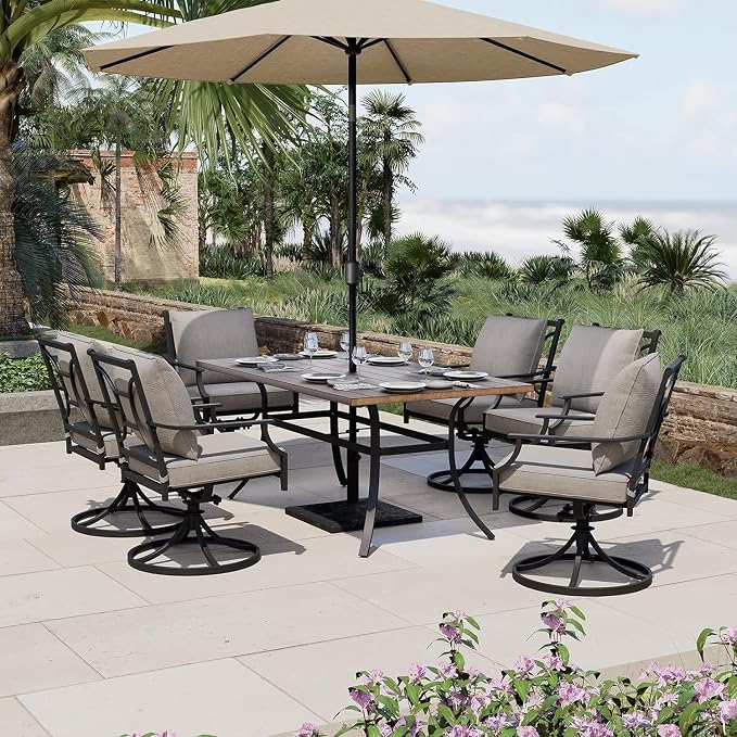 Grand patio 7-Piece Patio Dining Set for 6, E-Coated Outdoor Dining Set Swivel Patio Dining Chairs with Olefin Cushions & 1 Black Rectangular Faux Woodgrain Dining Table with 1.5”Market Umbrella Hole
