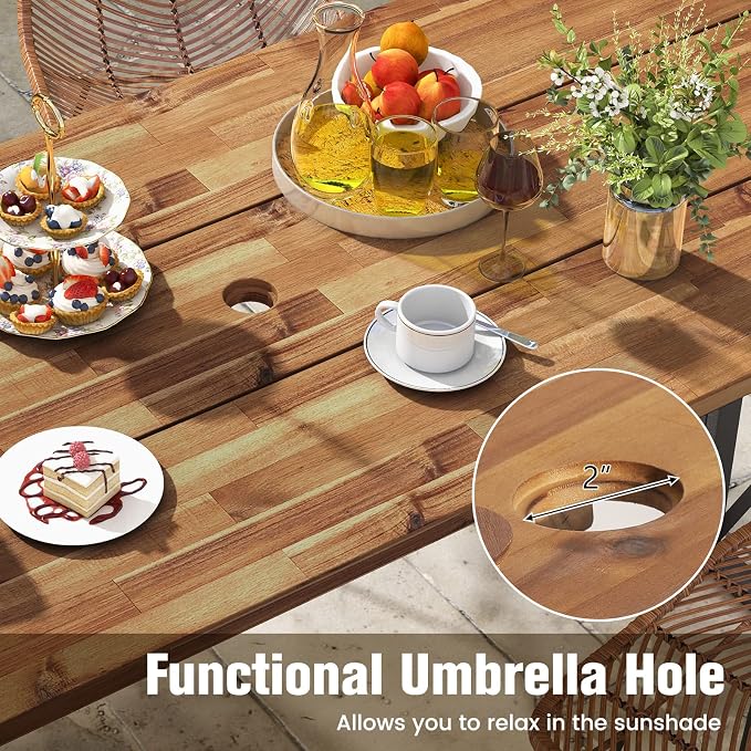 Tangkula 67 Inch Outdoor Dining Table, Acacia Wood Patio Table with 2 Inch Umbrella Hole, Heavy-Duty Metal Frame, Indoor Outdoor Picnic Table for 6