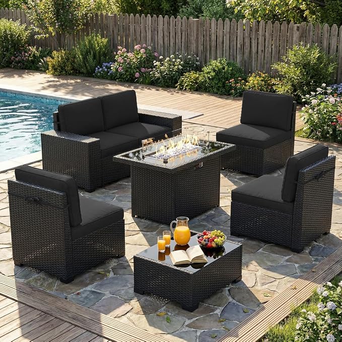 LayinSun 7 Pieces Outdoor Patio Furniture Set with 44" Fire Pit Table Rattan Sectional Sofa Conversation Sets