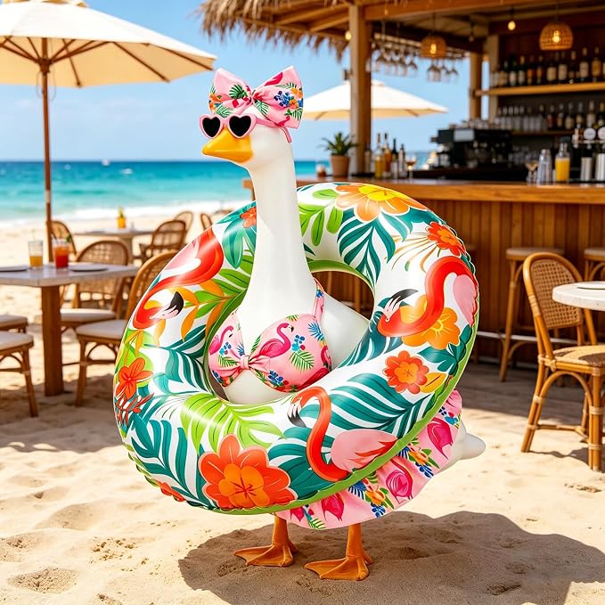 23 in Porch Goose Summer Outfit Bikini, Hawaiian Porch Goose Swimsuit Clothes Costume Accessories with Bow Glasses Swim Ring for 23" Summer Goose Garden Patio Statue Decor (Flamingos)