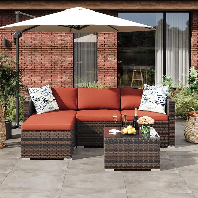 PeakPursuit Outdoor Patio Furniture Set, 5 Pieces Rattan Patio Conversation Sets with Glass Coffee Table and Cushion,All Weather Outdoor Patio Sofa for Garden, Poolside, Backyard,Orange