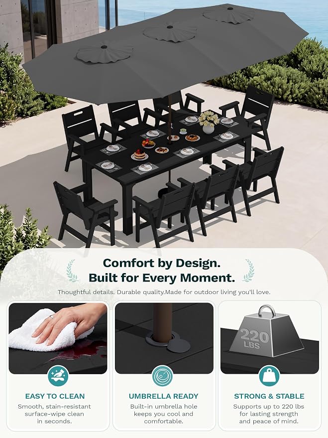 SERWALL 10-Piece Outdoor Patio Dining Set, 76" HDPE Table with 8 Chairs & 1 Umbrella (Base Excluded), All Weather Resistant Heavy Duty Outdoor Furniture for Backyard Deck Garden, Black