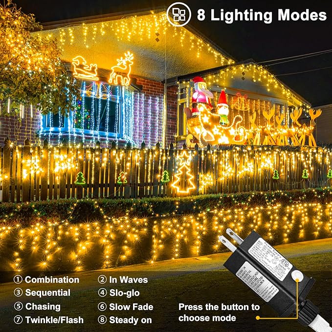 Warm White Christmas Lights Outdoor Icicle Lights for Outside 66ft 640 LEDs | Twinkle String Lights with Connectable Clear Wire 8 Modes Timer Plug in Waterproof for House Eaves Yard Party Holiday Decor