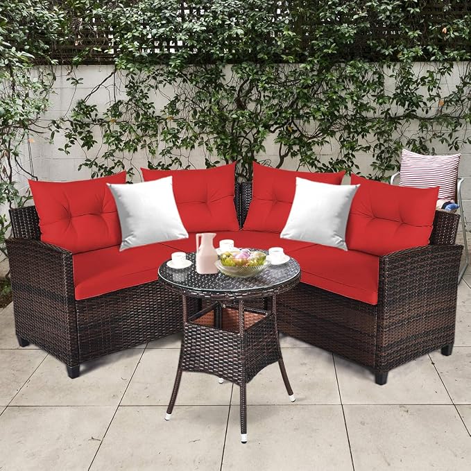COSTWAY 4-Piece Patio Furniture Set, Wicker Rattan Sofa with Cushions and Coffee Table, Outdoor Sectional Conversation Sofa Set for Poolside Backyard Lawn Backyard (Red)