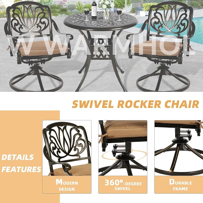 3-Piece Outdoor Patio Dining Set, All-Weather Cast Aluminum Patio Furniture Set for Backyard Garden Deck with 2 Swivel Cushioned Chairs and 31” Round Table, 2" Umbrella Hole, Khaki