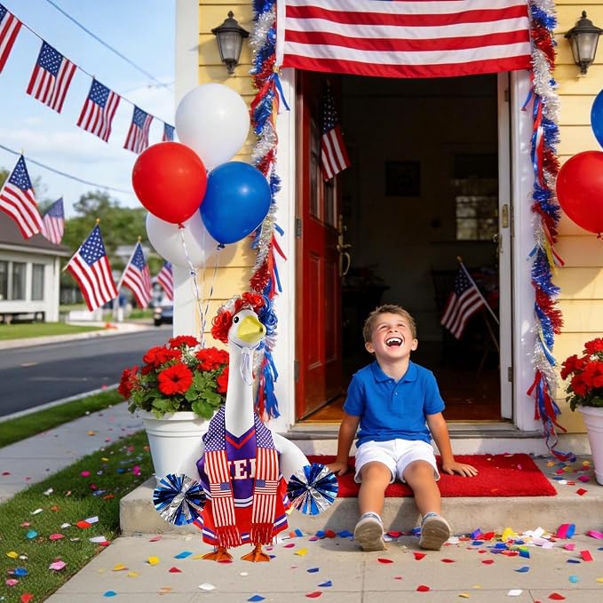 Patriotic Cheerleader Porch Goose Outfits – 4th of July Porch Goose Clothes with Pom Poms, 23 Inch Goose Statue Costume for Garden Patio USA 250th Anniversary