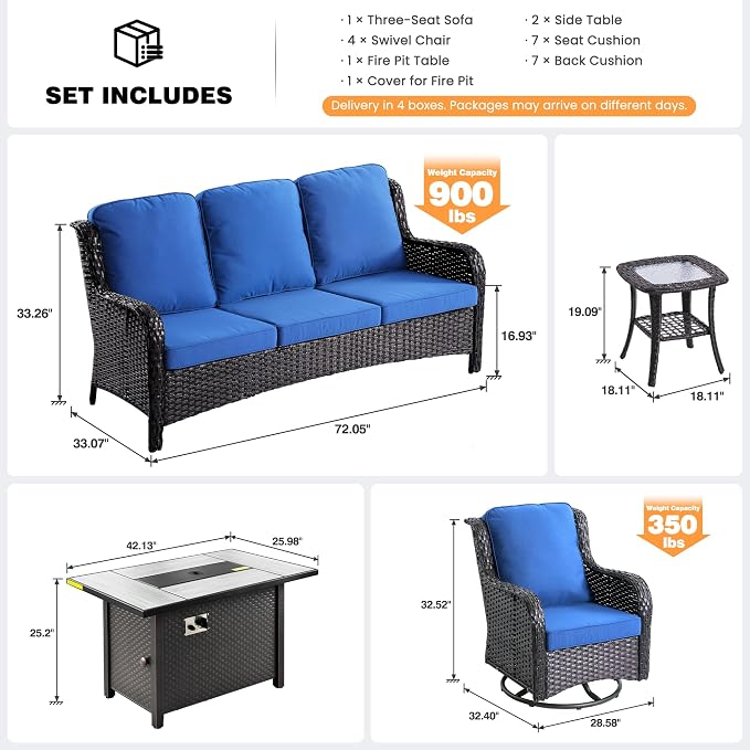 ovios 8-Piece Patio Furniture Set with Swivel Chairs Side Table, Outdoor Wicker Sofa with 42" Fire Pit Table, High Back Couch Modern Conversation Sets, Brown/Navy Blue