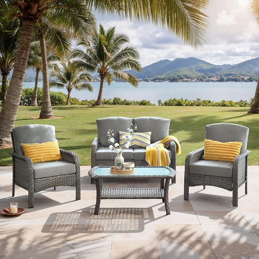 4-Piece Outdoor Patio Furniture Set with Coffee Table, Outdoor Conversation Wicker Sofa with Thickened Cushions, Rattan Couch for Deck Yard Poolside, Dark Grey