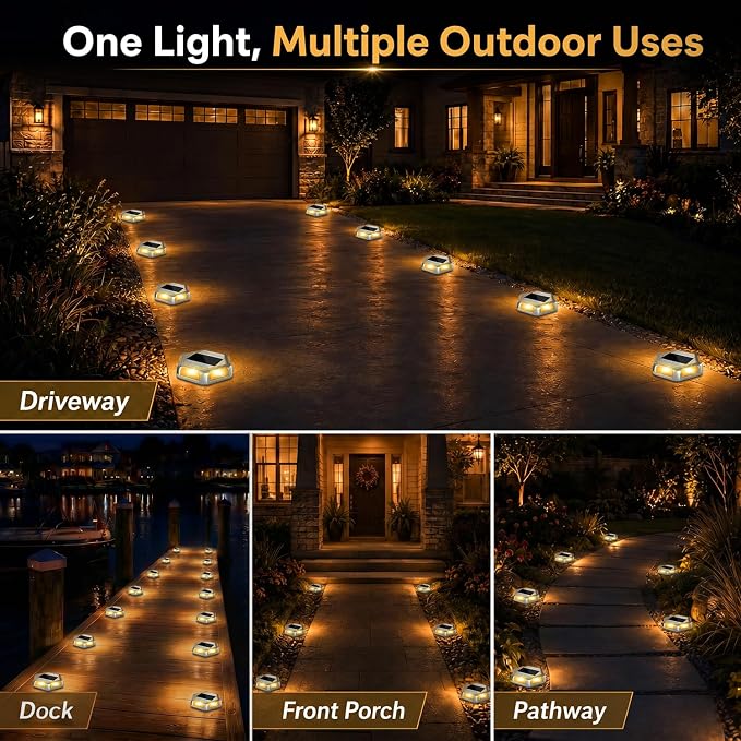 Solar Dock Lights Outdoor, 12 Pack Warm White Solar Deck Lights with 6 LEDs, IP65 Waterproof Solar Driveway Lights, Auto On/Off Deck Lights for Driveway, Pathway, Patio, Garden, Steps