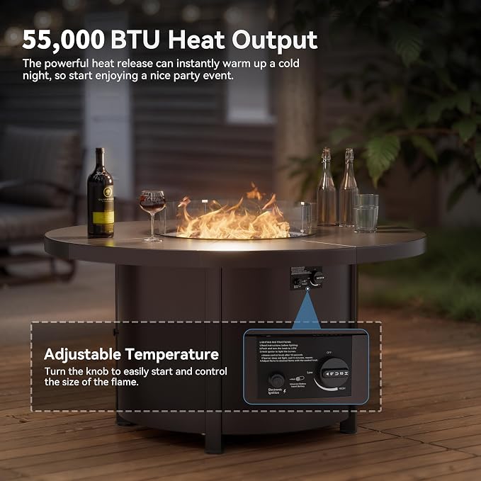 Kullavik 5 Piece Metal Outdoor Patio Furniture Set with Fire Pit Table,Outdoor Dining Table Set with 4 Fixed Chairs and 55000 BTU Outdoor Round Fire Pit,Navy Blue