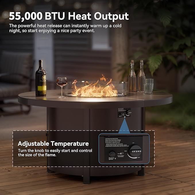 Kullavik 7 Piece Metal Outdoor Patio Furniture Set with Fire Pit Table,Outdoor Dining Table Set with 6 Swivel Chairs and 55000 BTU Outdoor Round Fire Pit,Grey