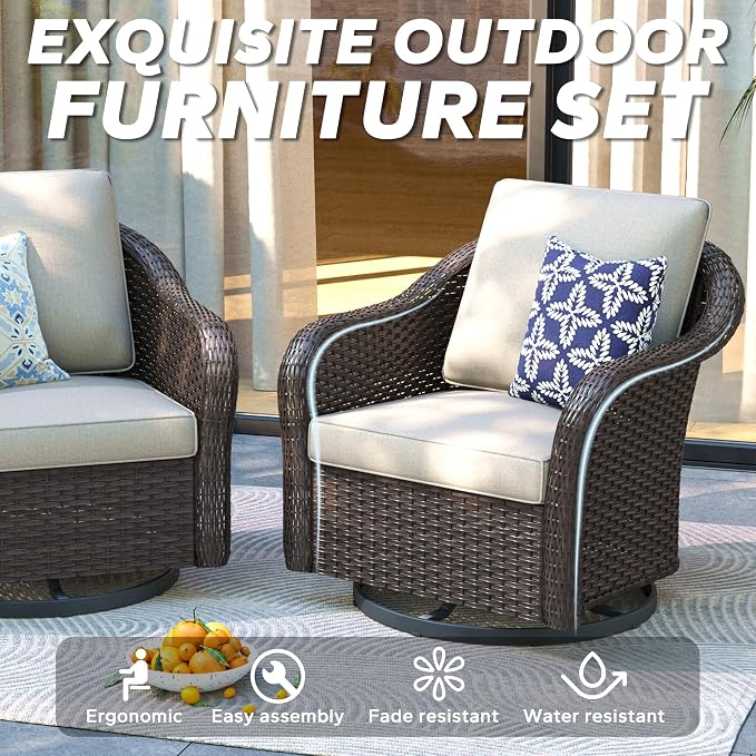 5 PCS Outdoor Conversation Set | 78" Couch, 2 Chairs, 2 Swivel Chairs, Patio Wicker Conversation Furniture with Removable Cushions for Bistro, Deck, Sunroom (Beige)