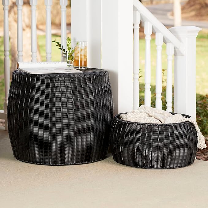 Household Essentials Handwoven Resin Barrel Side Table Storage Container, Black 18” H x 20” Dia.