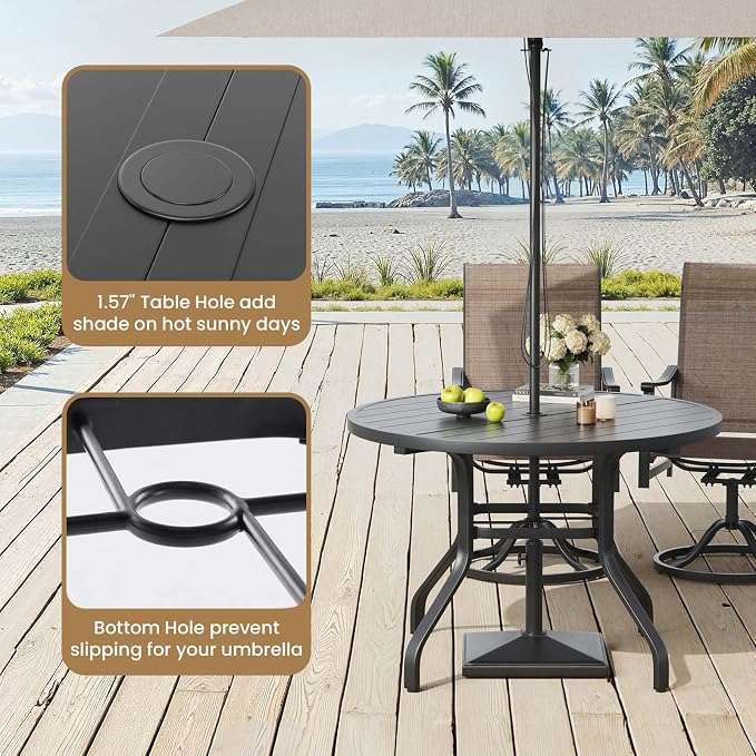 HRVEOCEI 47" Outdoor Round Table with Umbrella Hole, Metal Patio Dining Tables for Lawn Garden, Wood-Like Grain Bistro Table Outdoor for Backyard,Poolside,Deck,Por (Dark Black, Round)