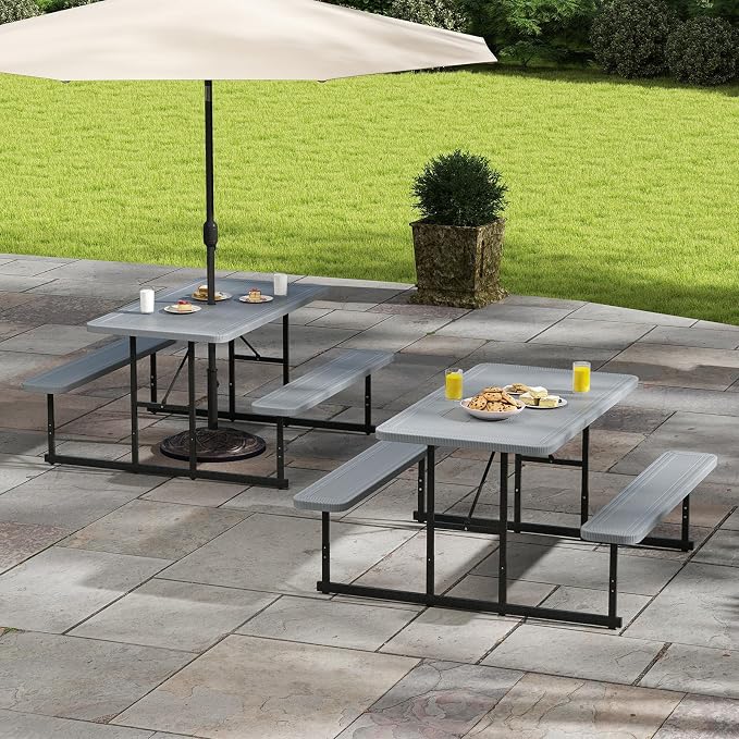 LDAILY Picnic Tables with Benches, Rectangular Dining Table Set for Outside 4 People, HDPE Tabletop, Metal Frame, Umbrella Hole, Heavy Duty Picnic Table for Outdoors, Patio, Lawn, Commercial (Gray)