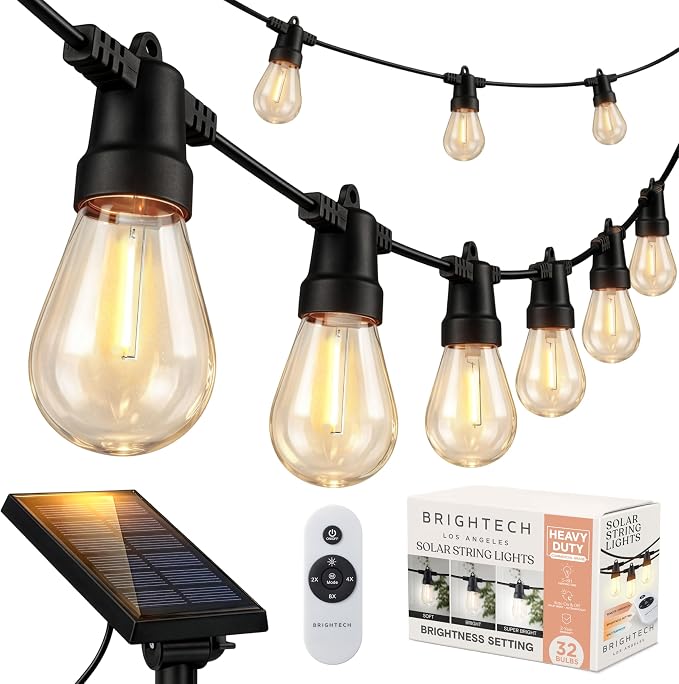Brightech 104 (52x2) FT Ambience Pro Solar Powered Outdoor LED String Lights - Waterproof Remote Control Lights - 32 Bulbs, 7W Solar Powered Soft White Light for Camping, Patio, Garden