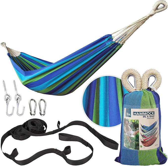 Bliss Hammocks 40" W Single Outdoor Hammock with Universal Multi-Loop Suspension with "S" Hooks, Durable, Cotton/Polyester, 220 Lbs Capacity, Seabreeze