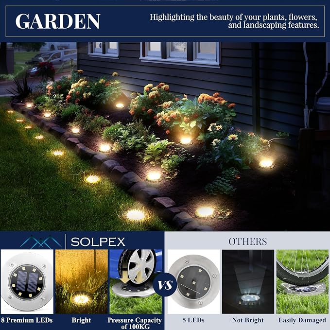SOLPEX Solar Ground Lights Outdoor, Garden Lights 16 Pack Warm White | IP65 Waterproof Stainless Steel Landscape Lighting for Walkway, Driveway, Pathway, Patio, Backyard Decor