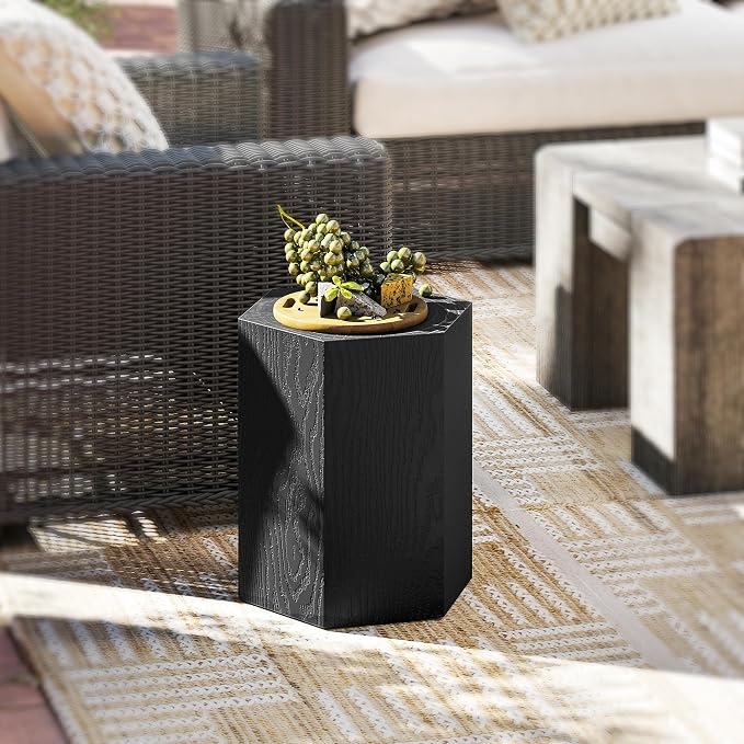HOMCOM Concrete Finish Side Table, Lightweight Accent Table, 17" Patio Hexagonal Stump End Table with 4 Adjustable Feet for Indoor, Outdoor, Black Wood Grain