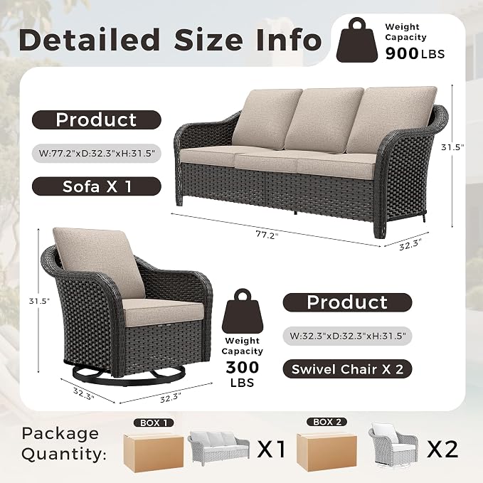3-Piece Patio Conversation Set, 78 inch Wicker 2-Seater Sofa with Washable Cushions, 360° Swivel Glider Rocker Chairs, All Weather Rattan Outdoor Furniture for Backyard Garden Lawn, Beige