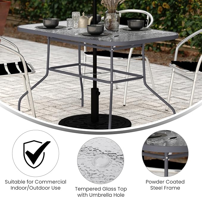EMMA + OLIVER Tala Patio Dining Table - Silver Metal Frame - 31.5" x 55" Square Tempered Glass Top - Umbrella Hole - Suitable for Indoor/Outdoor Use