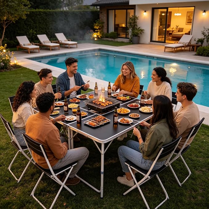 6-Feet Portable Folding Camping Table with Adjustable Height, Lightweight Aluminum Utility Table for Outdoor Camping Patio Picnic Backyard BBQ Dining Party, with Carrying Handle, Black