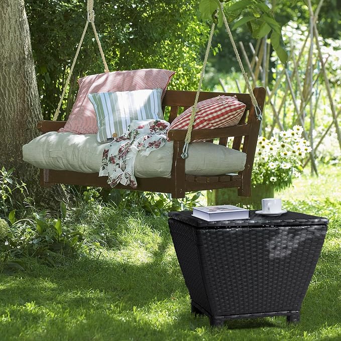 Outdoor PE Wicker Side Table with Storage – 13 Gallon Patio Storage Bin, All-Weather Rattan Coffee Table for Garden, Balcony, Poolside – Holds Hose, Cushions, Towels (Black)