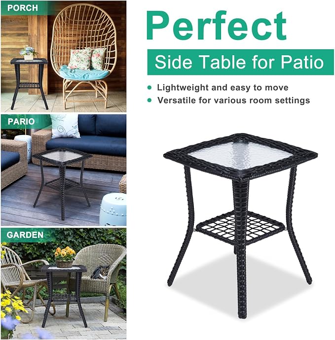 Outdoor Wicker Side Table with Glass Top, 18" Rattan End Table with Storage Shelf, Hand-Woven Patio Bistro Coffee Table for Indoor Garden Porch Balcony, 111 lbs Capacity, Black