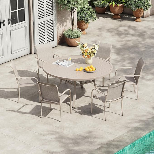 VICLLAX 7 Pieces Patio Outdoor Dining Set, 47.2" Round Metal Table with Umbrella Hole and 6 Stackable Textilene Chairs for Patio, Lawn, Garden, Porch, Sandshell